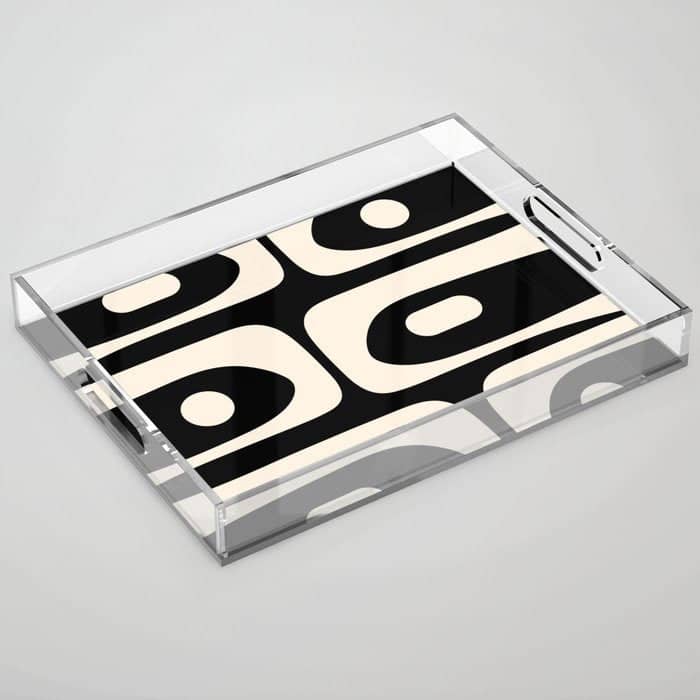 Mid Century Modern Piquet Abstract Pattern In Black And Almond Cream Acrylic Tray