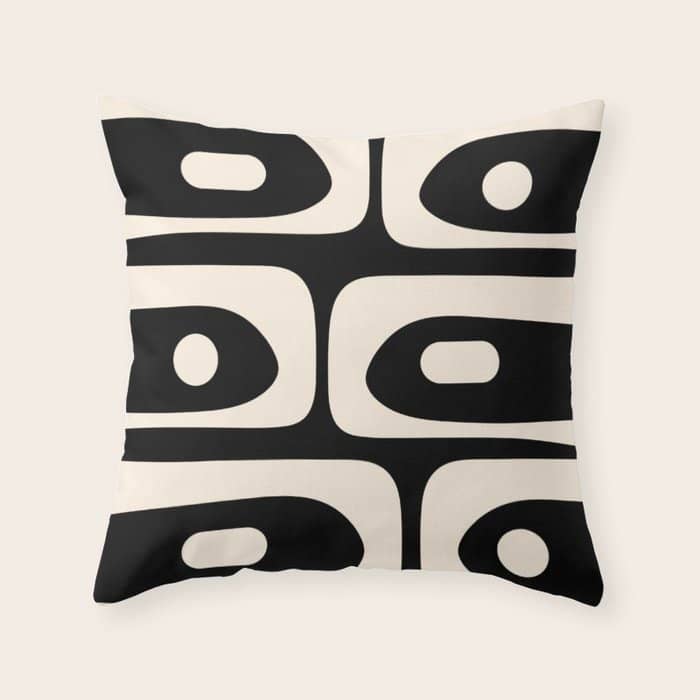 Mid Century Modern Piquet Abstract Pattern In Black And Almond Cream Throw Pillow