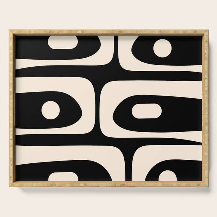 Mid Century Modern Piquet Abstract Pattern In Black And Almond Cream Serving Tray