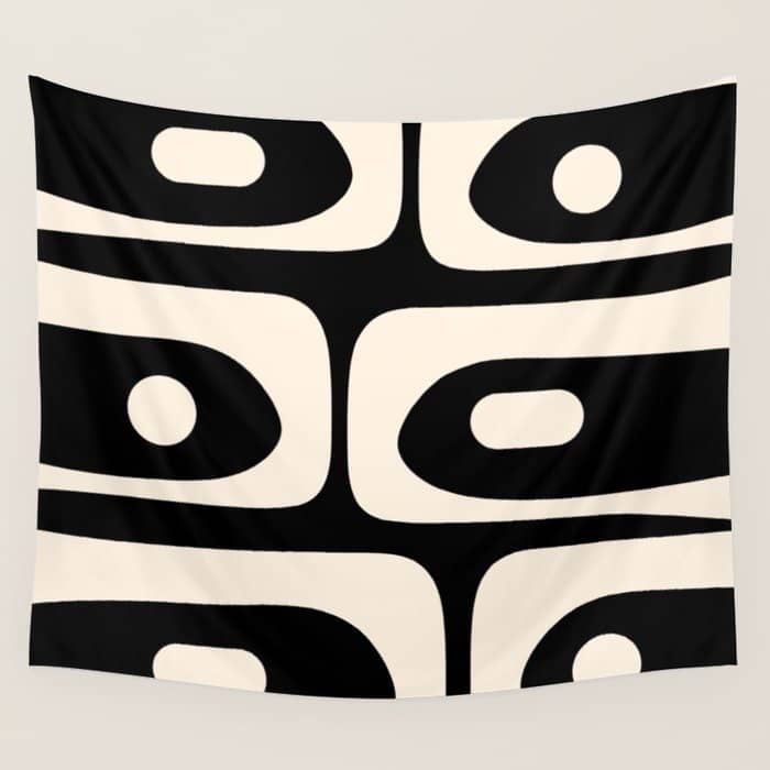Mid Century Modern Piquet Abstract Pattern In Black And Almond Cream Wall Tapestry