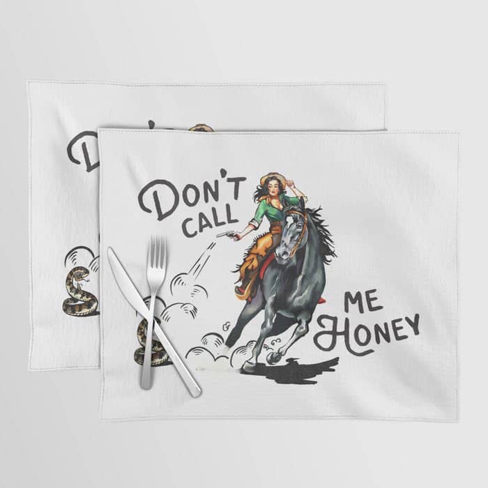 "Don'T Call Me Honey" Cowgirl On Horseback Shooting A Rattlesnake Placemat