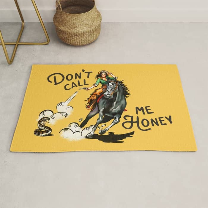 "Don'T Call Me Honey" Cowgirl On Horseback Shooting A Rattlesnake Rug