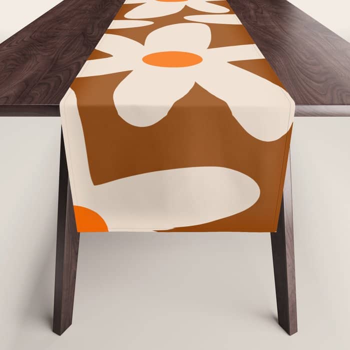 Daisy Time Retro Floral Pattern Brown Orange Beige Table Runner