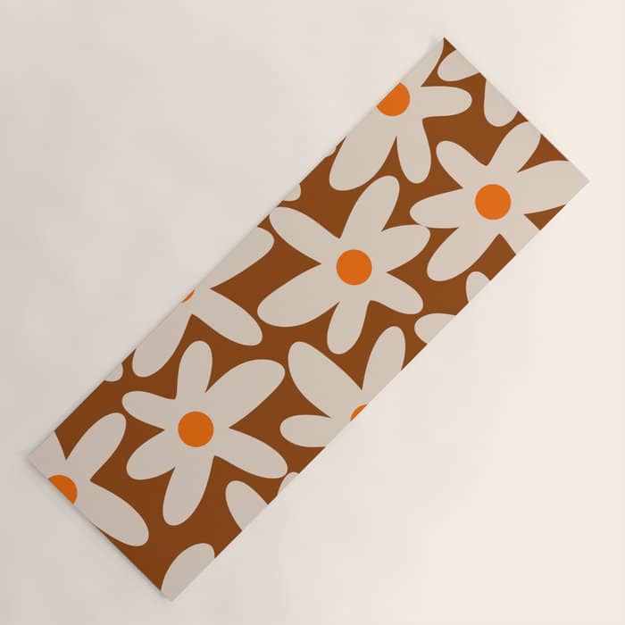 Daisy Time Retro Floral Pattern Brown Orange Beige Yoga Mat