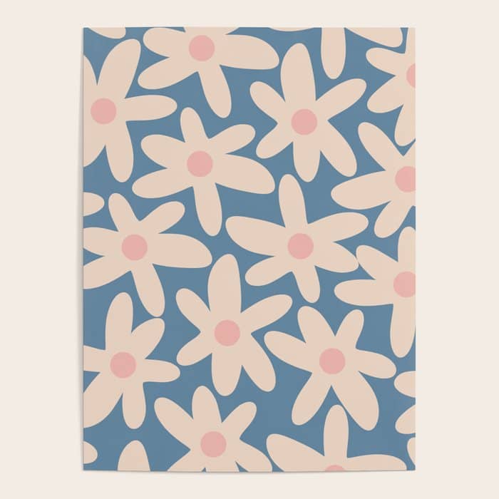 Daisy Time Retro Floral Pattern In Medium Blue And Pale Blush Poster