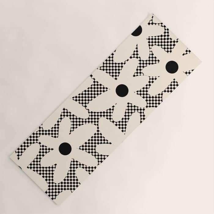 Daisy Time Retro Floral Checks And Dots Pattern In Black And Almond Cream Yoga Mat