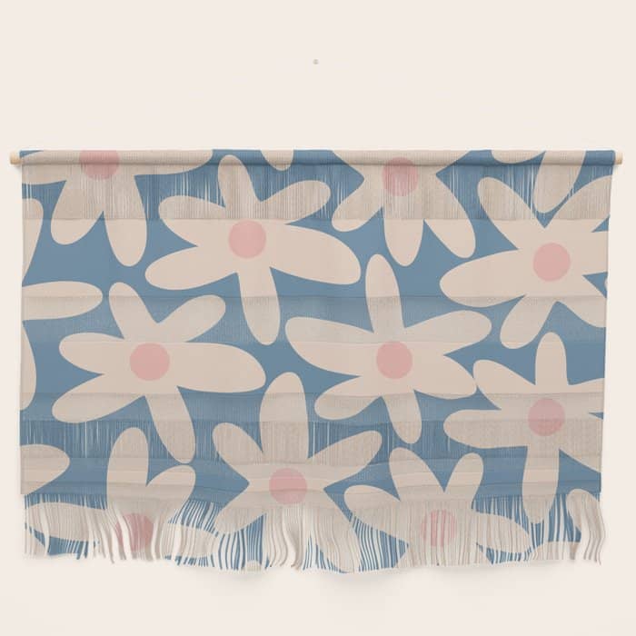 Daisy Time Retro Floral Pattern In Medium Blue And Pale Blush Wall Hanging