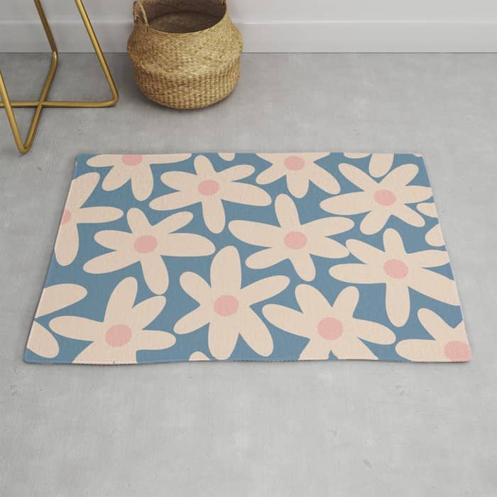 Daisy Time Retro Floral Pattern In Medium Blue And Pale Blush Rug