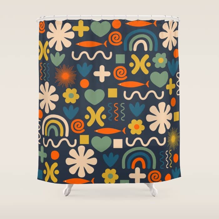 Cute Miscellany Rainbow Floral Pattern Blue Orange Green Mustard Shower Curtain