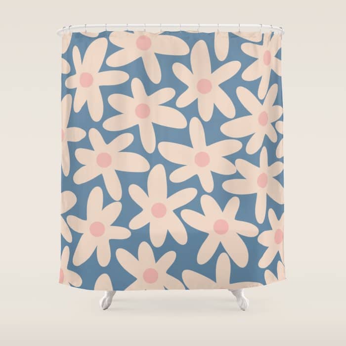 Daisy Time Retro Floral Pattern In Medium Blue And Pale Blush Shower Curtain