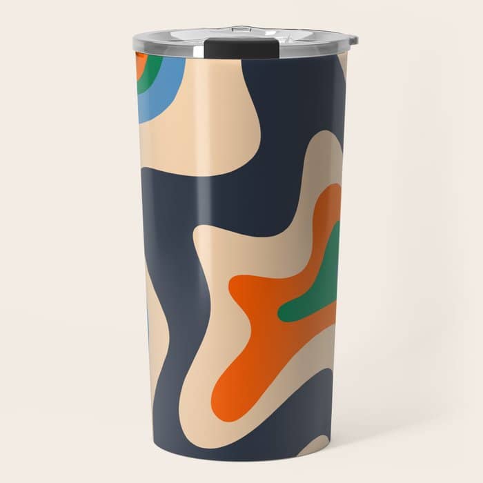 Retro Liquid Swirl Abstract Pattern Blue Beige Orange Mustard Green Travel Mug