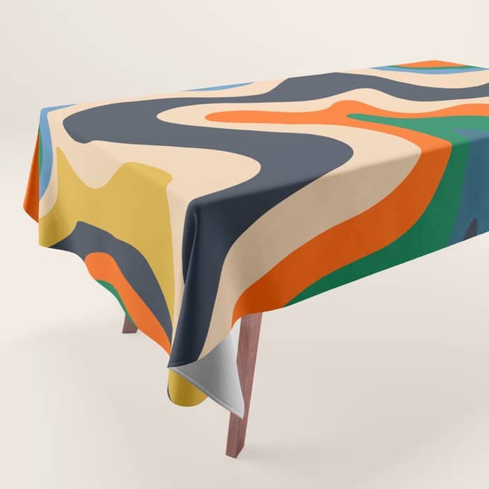 Retro Liquid Swirl Abstract Pattern Blue Beige Orange Mustard Green Tablecloth