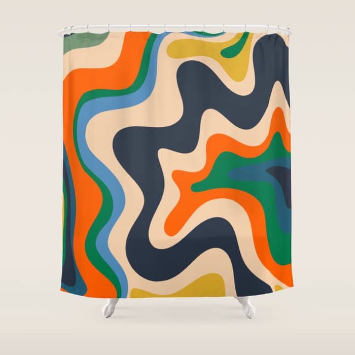 Retro Liquid Swirl Abstract Pattern Blue Beige Orange Mustard Green Shower Curtain
