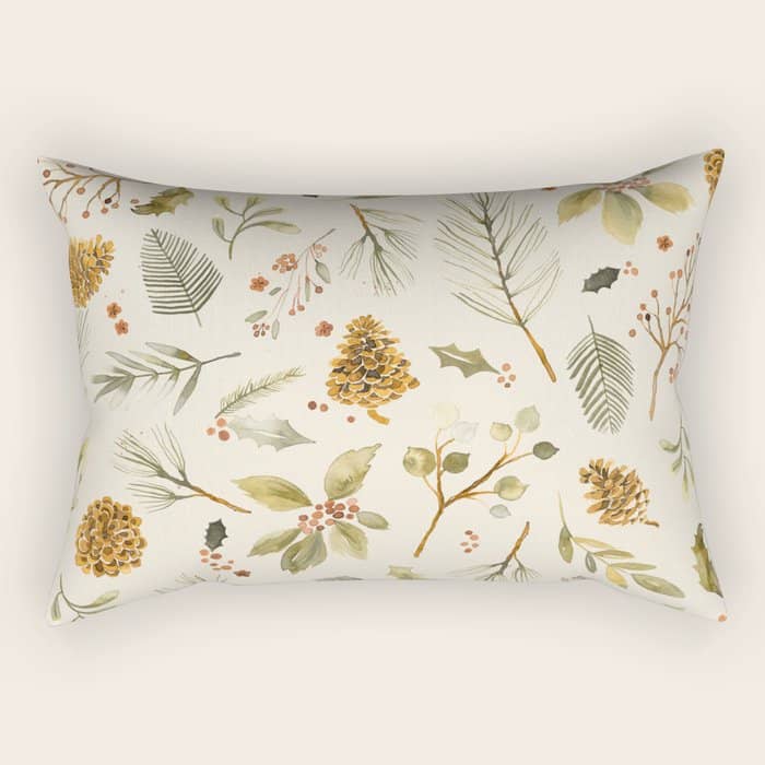 Christmas Holiday Botanical Pinecones And Holly Ecru Gold Rectangular Pillow