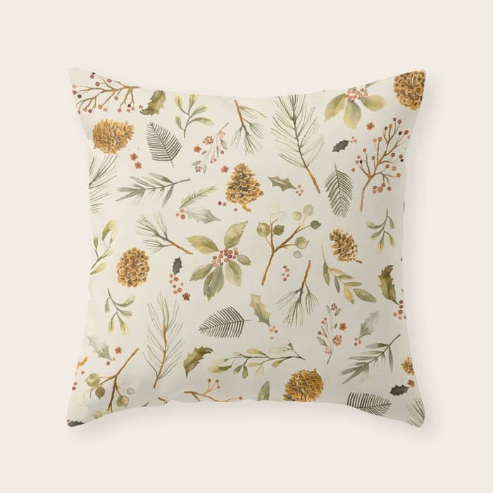 Christmas Holiday Botanical Pinecones And Holly Ecru Gold Throw Pillow