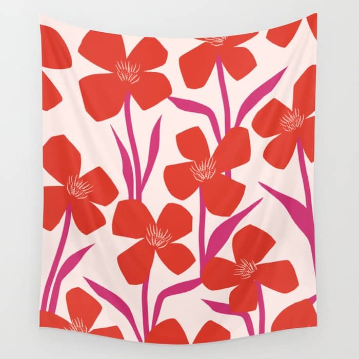 Red And Pink Floral Pattern Wall Tapestry