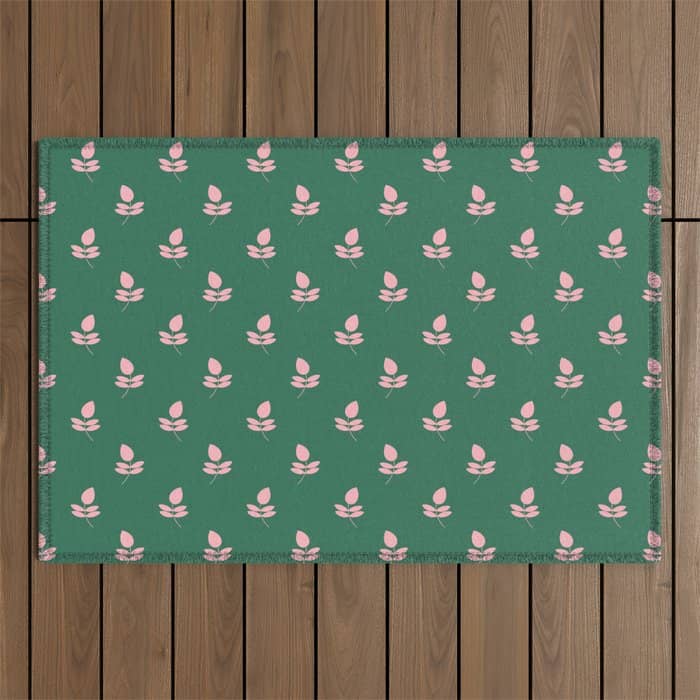 Retro Pink Leaf Pattern - Green Background Outdoor Rug