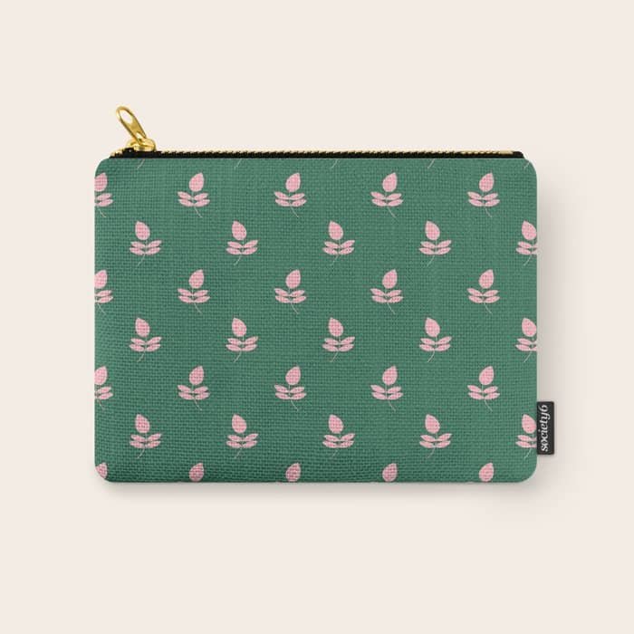 Retro Pink Leaf Pattern - Green Background Carry All Pouch