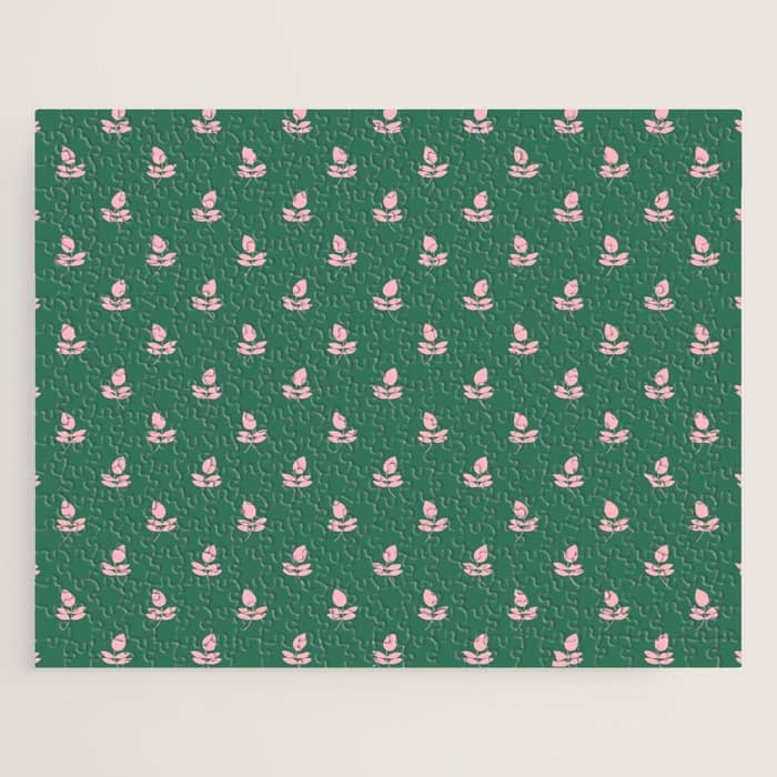 Retro Pink Leaf Pattern - Green Background Jigsaw Puzzle