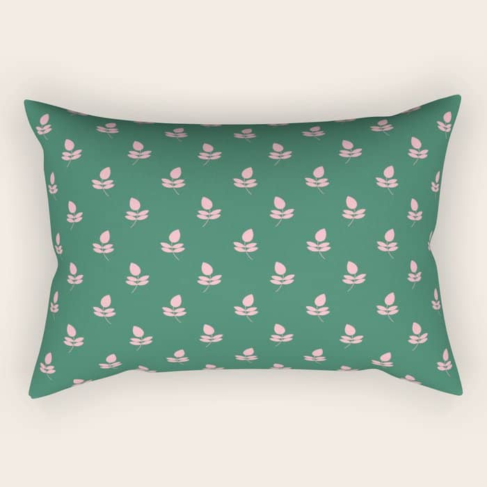 Retro Pink Leaf Pattern - Green Background Rectangular Pillow