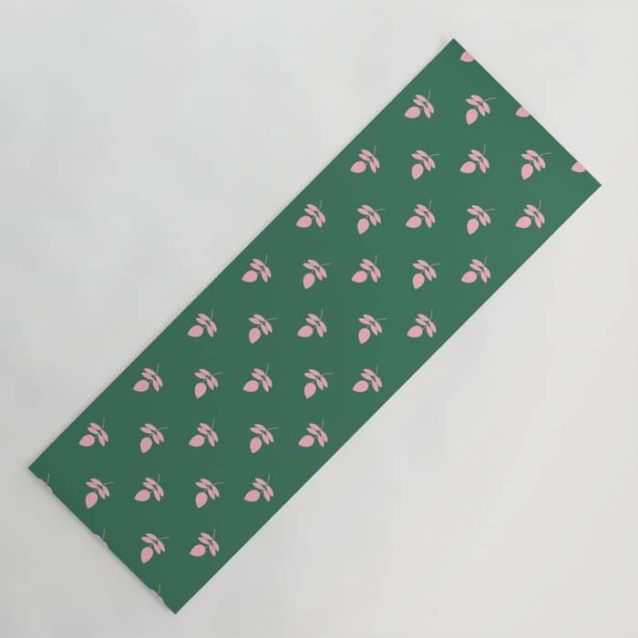 Retro Pink Leaf Pattern - Green Background Yoga Mat