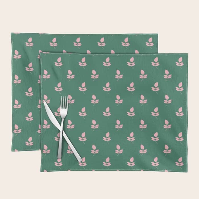 Retro Pink Leaf Pattern - Green Background Placemat