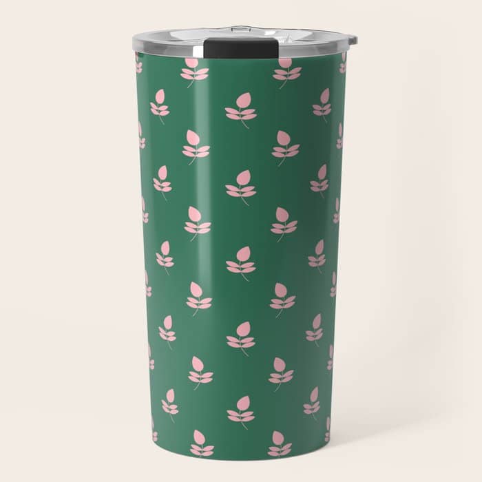 Retro Pink Leaf Pattern - Green Background Travel Mug