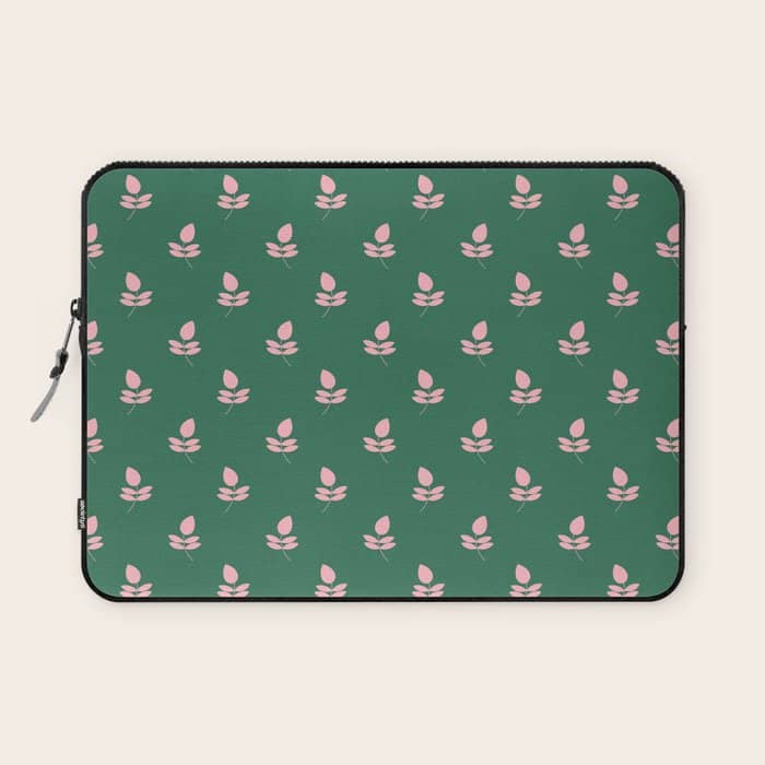 Retro Pink Leaf Pattern - Green Background Laptop Sleeve