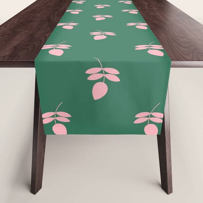 Retro Pink Leaf Pattern - Green Background Table Runner