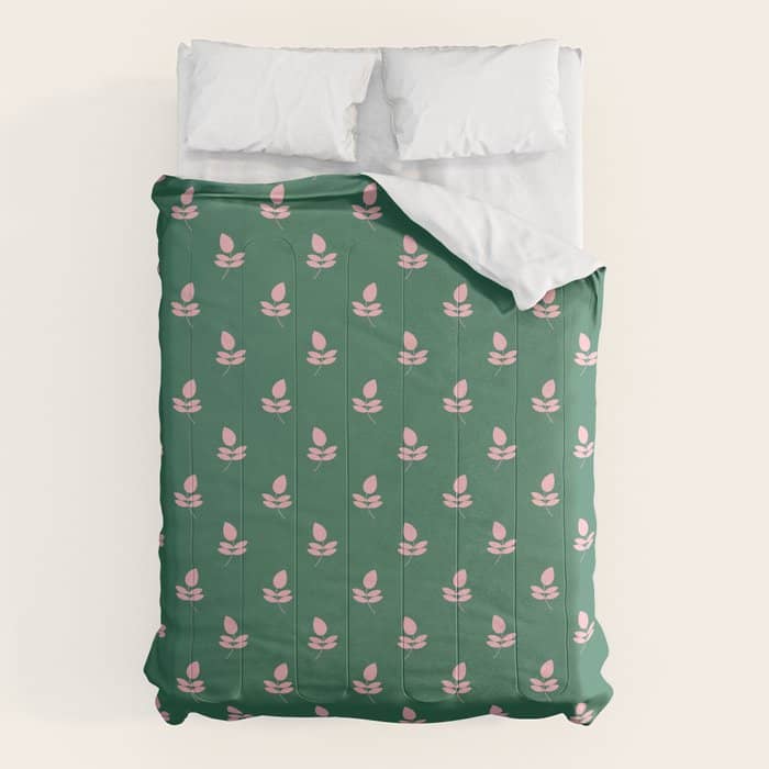 Retro Pink Leaf Pattern - Green Background Comforter