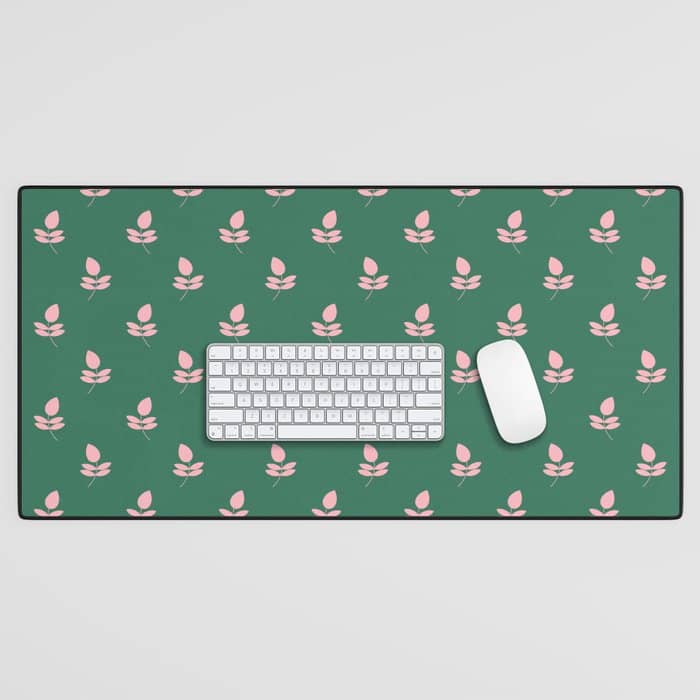 Retro Pink Leaf Pattern - Green Background Desk Mat