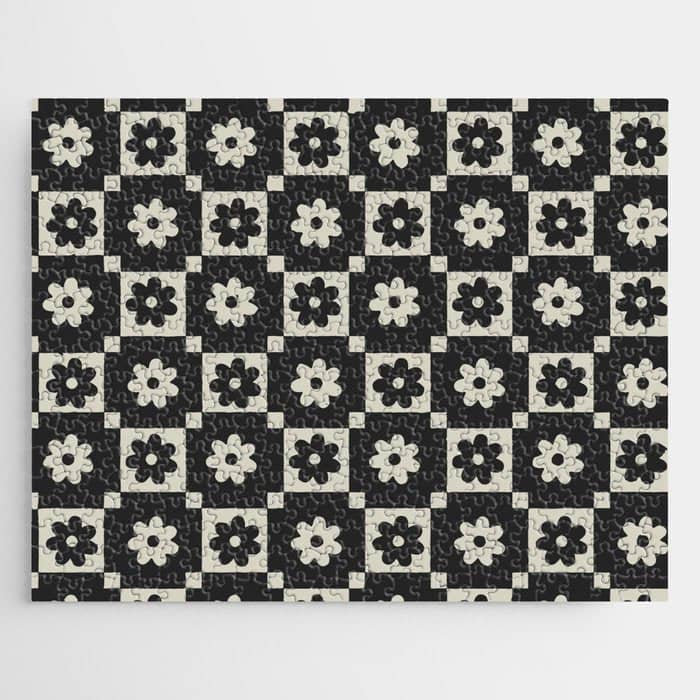 Checkered Daisy - Black Ink Jigsaw Puzzle