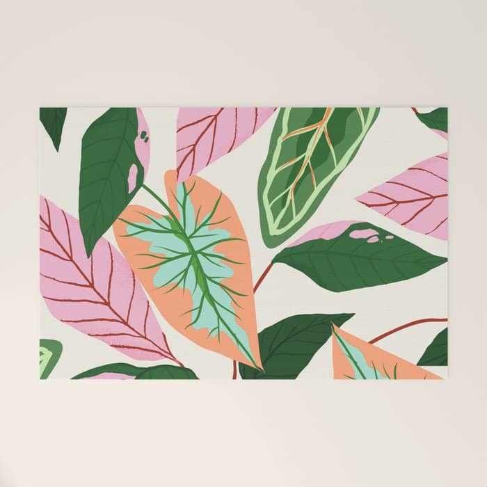 The Inseparable V.01, Nature Botanical Plants, Blush Leaves Modern Boho, Pastel Illustration Garden Welcome Mat