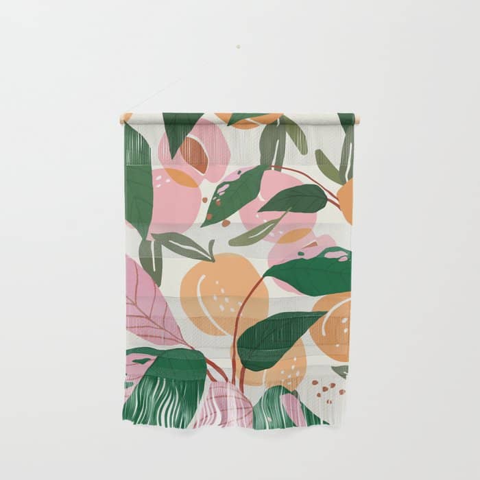 The Peach Garden , Vintage Botanical Tropical Jungle, Fruits Plants Pastel Summer Forest Wall Hanging