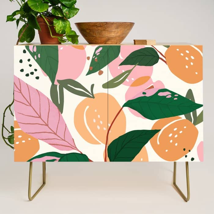 The Peach Garden , Vintage Botanical Tropical Jungle, Fruits Plants Pastel Summer Forest Credenza