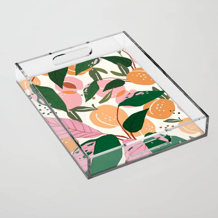 The Peach Garden , Vintage Botanical Tropical Jungle, Fruits Plants Pastel Summer Forest Acrylic Tray