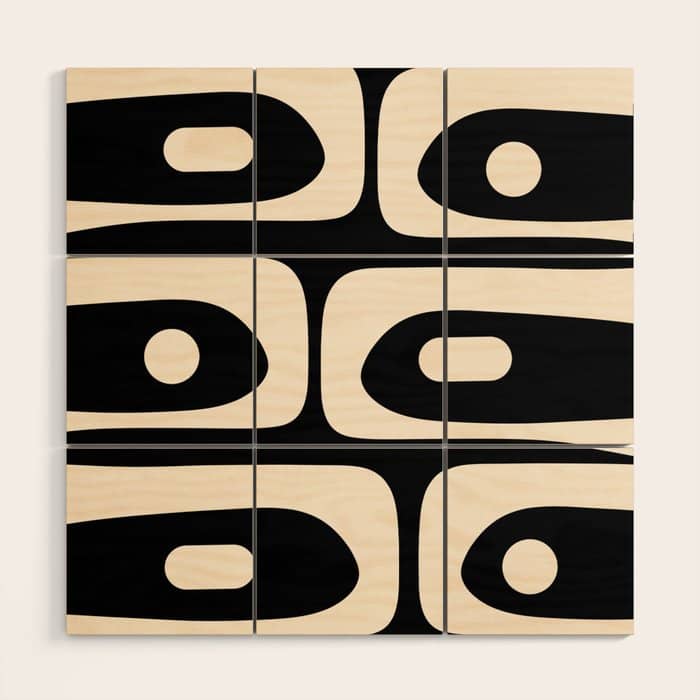 Mid Century Modern Piquet Abstract Pattern In Black And Almond Cream Wood Wall Art