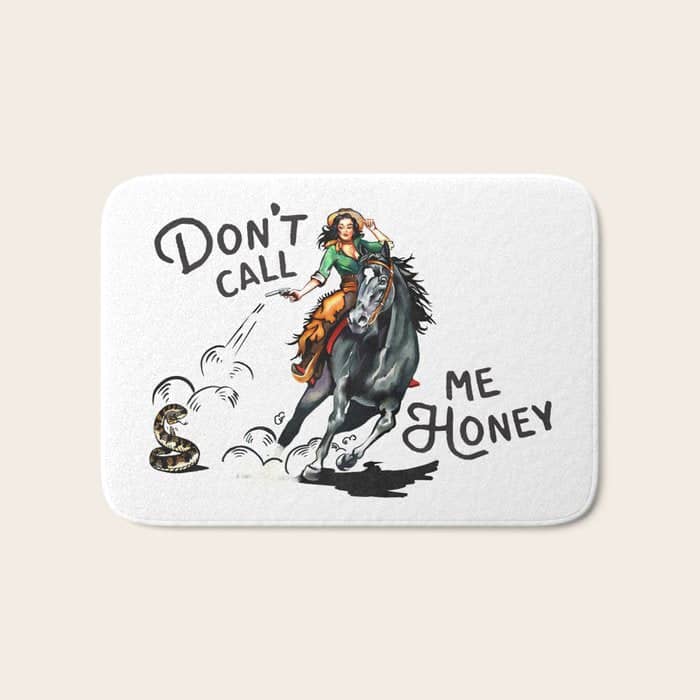 "Don'T Call Me Honey" Cowgirl On Horseback Shooting A Rattlesnake Bath Mat