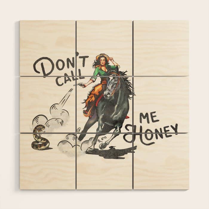 "Don'T Call Me Honey" Cowgirl On Horseback Shooting A Rattlesnake Wood Wall Art