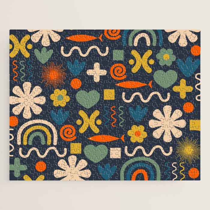 Cute Miscellany Rainbow Floral Pattern Blue Orange Green Mustard Jigsaw Puzzle