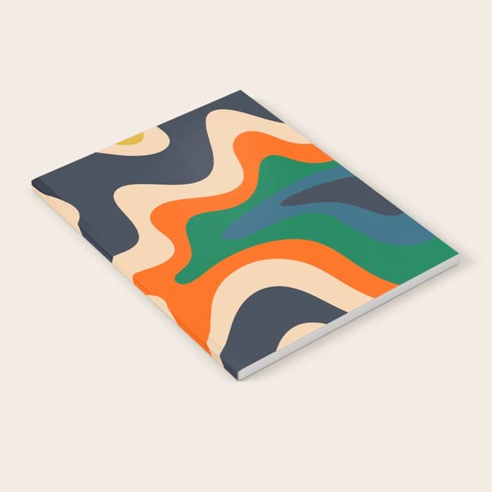 Retro Liquid Swirl Abstract Pattern Blue Beige Orange Mustard Green Notebook