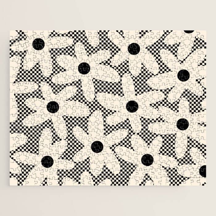 Daisy Time Retro Floral Checks And Dots Pattern In Black And Almond Cream Jigsaw Puzzle