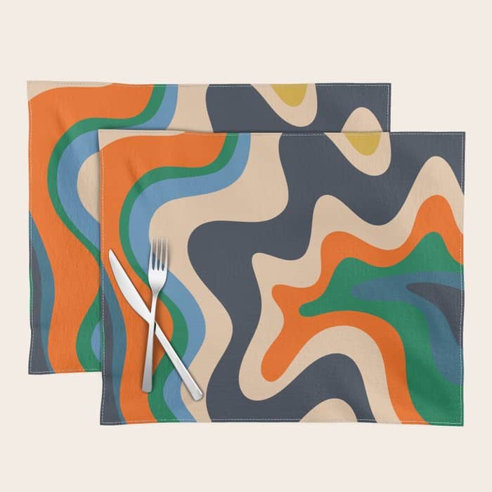 Retro Liquid Swirl Abstract Pattern Blue Beige Orange Mustard Green Placemat