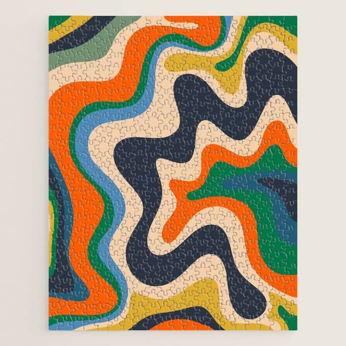 Retro Liquid Swirl Abstract Pattern Blue Beige Orange Mustard Green Jigsaw Puzzle