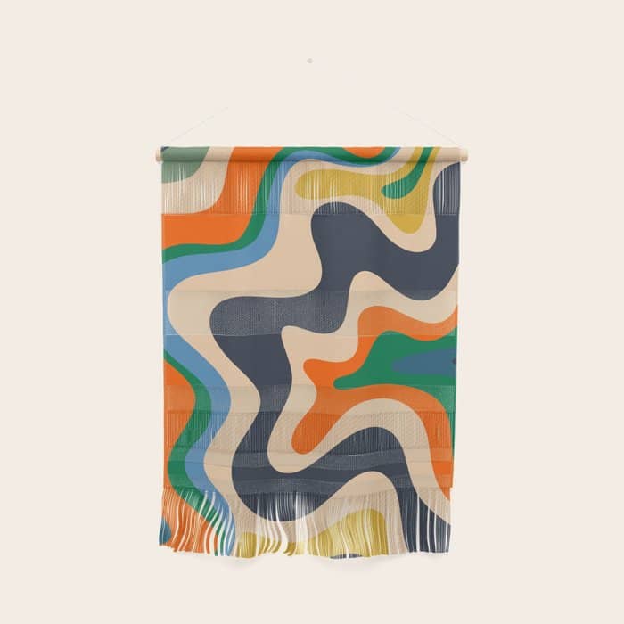 Retro Liquid Swirl Abstract Pattern Blue Beige Orange Mustard Green Wall Hanging