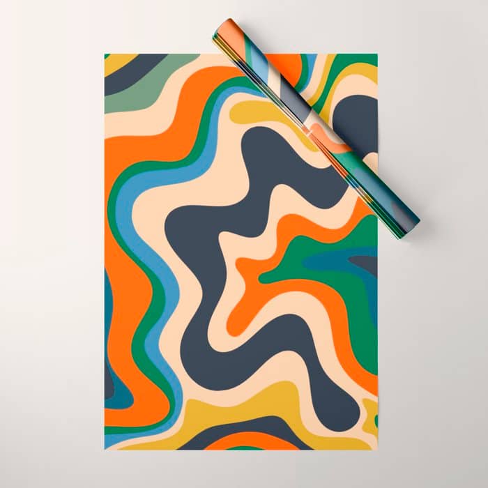 Retro Liquid Swirl Abstract Pattern Blue Beige Orange Mustard Green Wrapping Paper