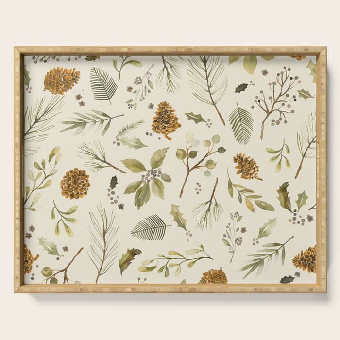Christmas Holiday Botanical Pinecones And Holly Ecru Gold Serving Tray