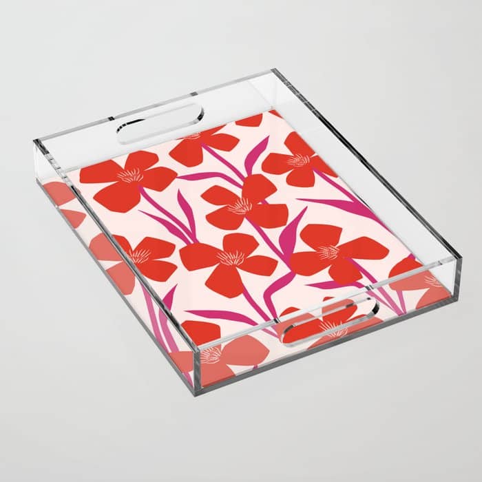 Red And Pink Floral Pattern Acrylic Tray