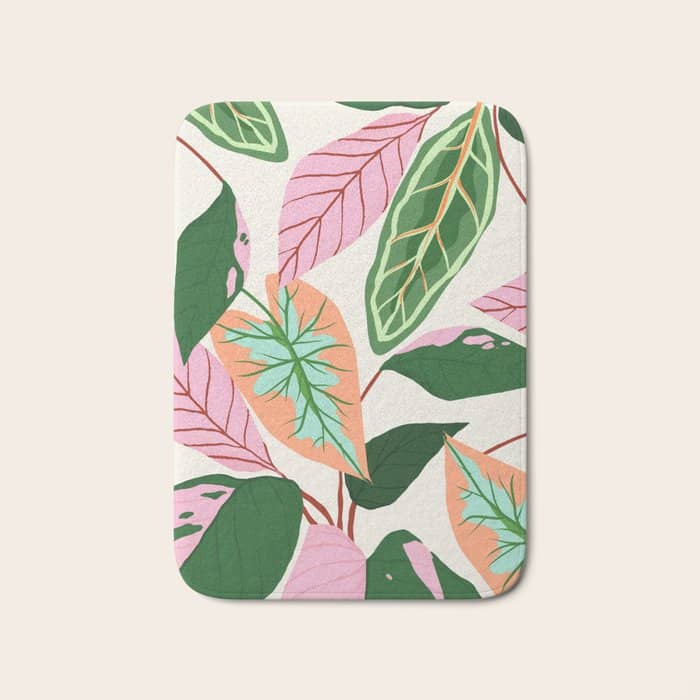 The Inseparable V.01, Nature Botanical Plants, Blush Leaves Modern Boho, Pastel Illustration Garden Bath Mat