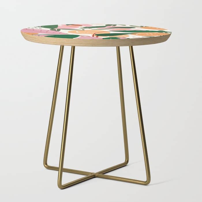 The Peach Garden , Vintage Botanical Tropical Jungle, Fruits Plants Pastel Summer Forest Side Table